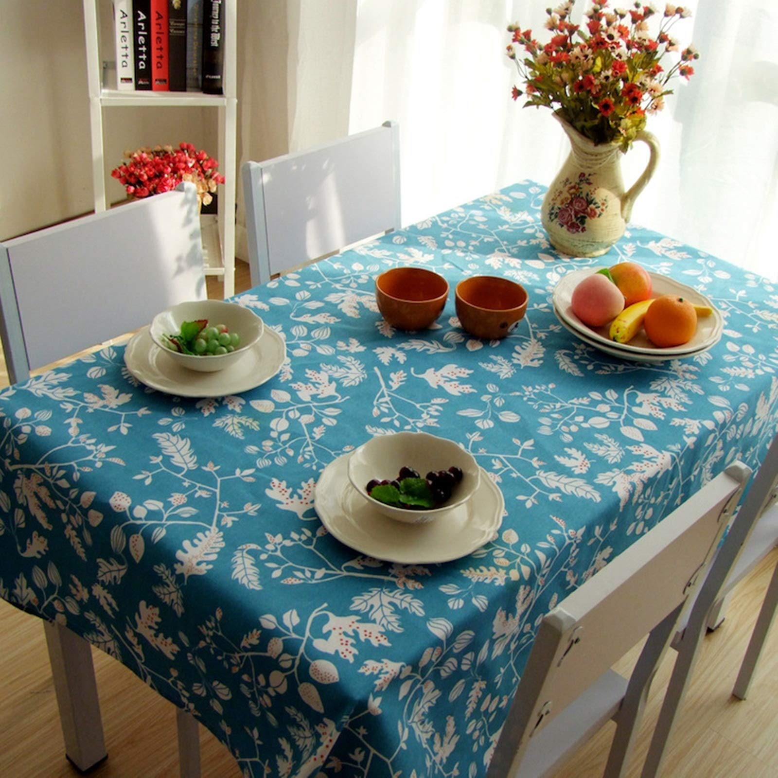 Nappe coton bleu 145x220cm motif branche et fruits pour table