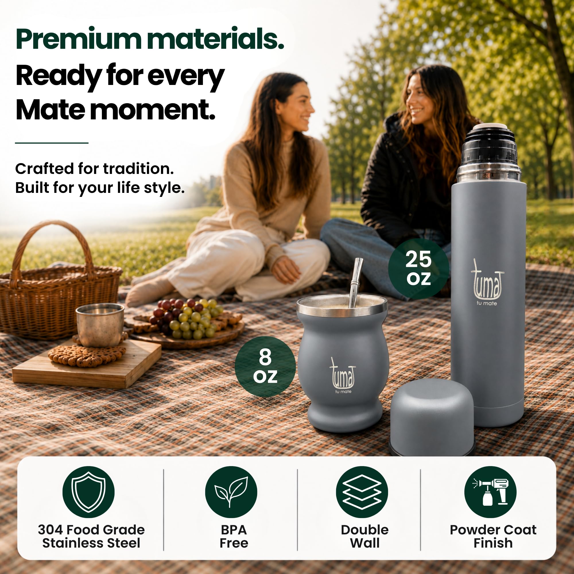 TUMA TU MATE Kit complet Yerba Mate, bouteille isotherme AutoMate à double bouchon, tasse et bombilla, 750 ml double paroi en acier inoxydable, sac en toile, récipient Yerbero et chauffage de voiture