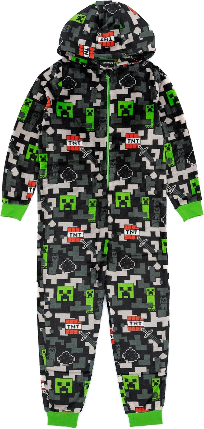 Minecraft Creeper Onesie For Kids | Options Bosy and Grirls TNT Camo and Pixels Sleepsuit with Hood Video Game Loungewear