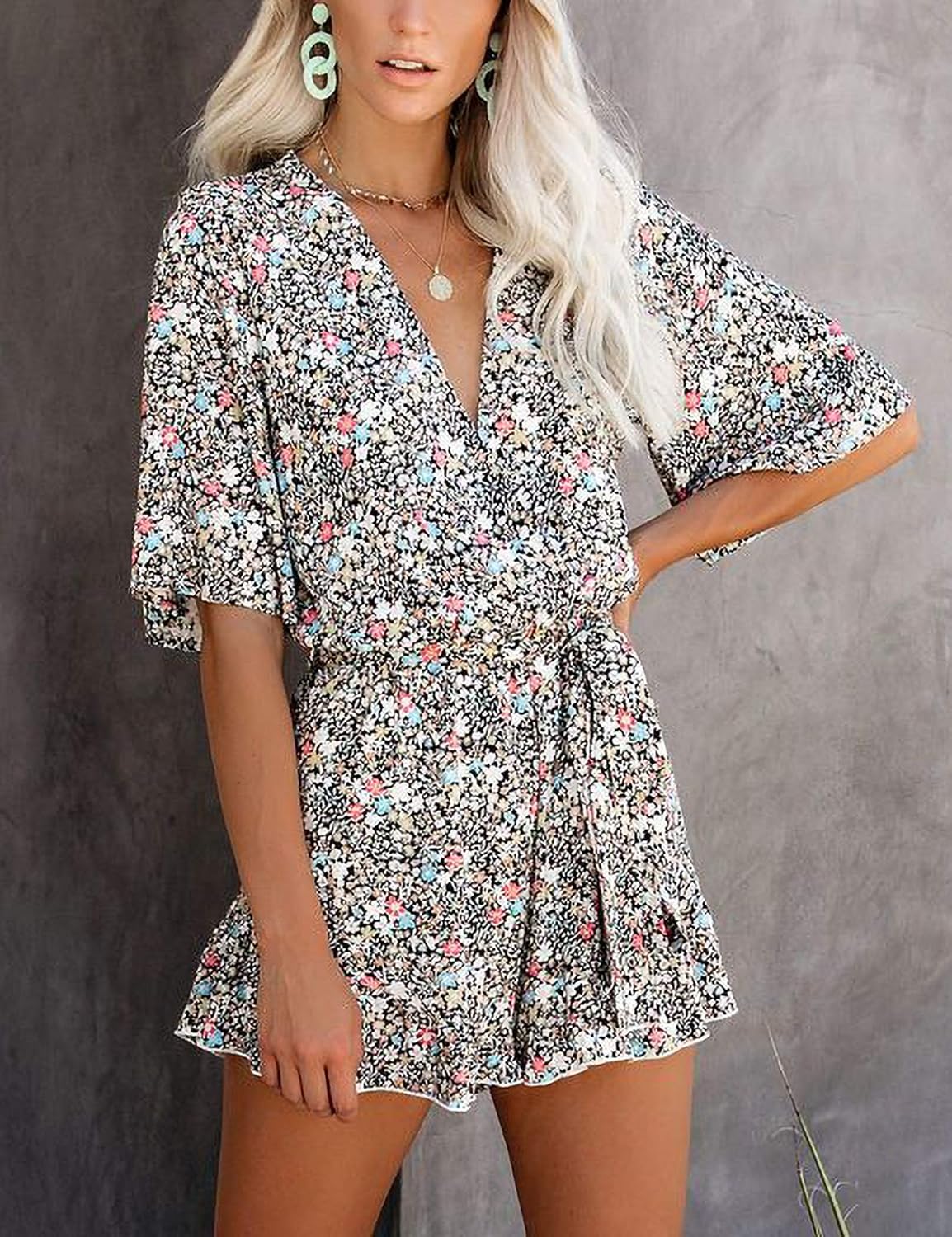 Relipop Women's Summer Romper Floral Print V Neck Flared Half Sleeve Elastic Tie Waist Ruffle Casual Rompers Jumpsuits - Image 2