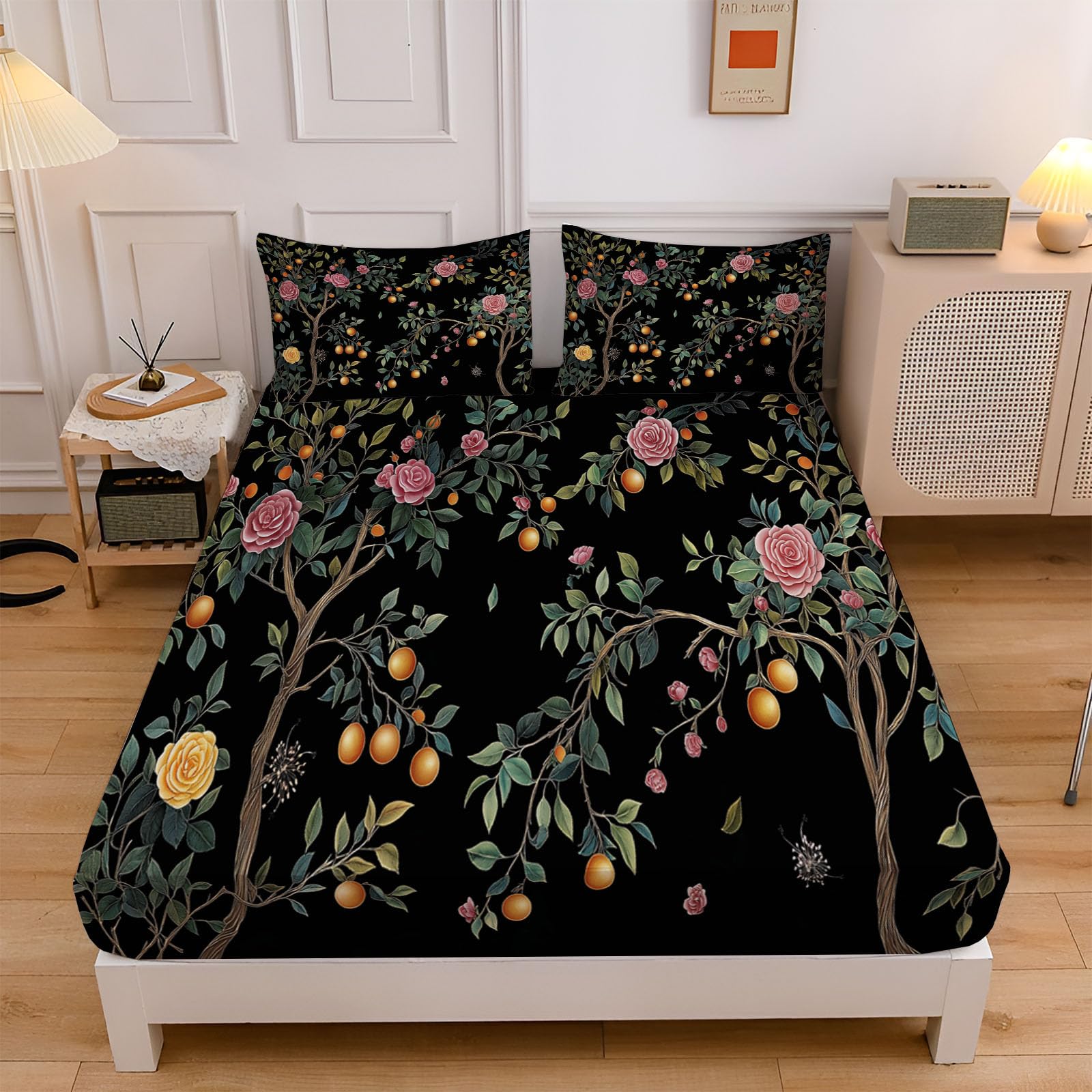 Drap housse 90x190 cm en microfibre avec parure de lit 3 pièces imprimé jardin chinois