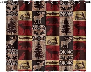 Rustic Cabin Grommet Blackout Curtains for Living Room,Noise Reduction Vintage Farmhouse Hunting Theme Moose Bear Elk Tree Plaid Bedroom Curtains,2 Panels 63L x 36W