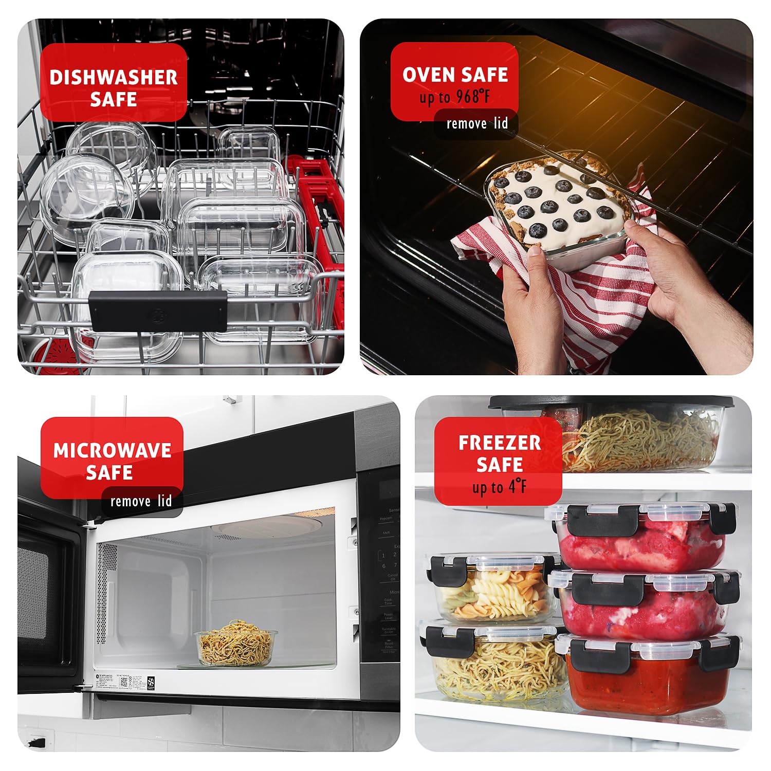 EATEX Confezione da 12 contenitori per alimenti in vetro con coperchio, ermetici, contenitori per alimenti in vetro riutilizzabili, con coperchi a scatto a prova di perdite, adatti per forno