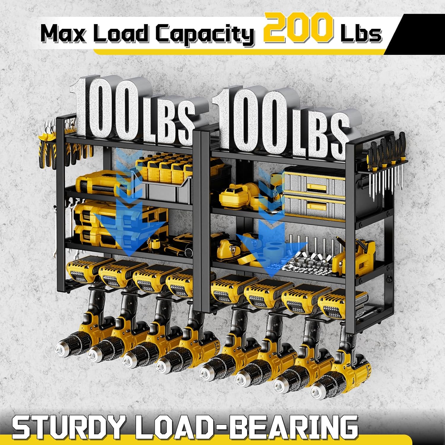 4 Layer Power Tool & Screwdriver Organizer Wall Mount Set, Heavy Duty Tool Shelf Storage Rack with Plier Holder, Includes 8 Drill Holders and Utility Tool Rack for Garage Workshop