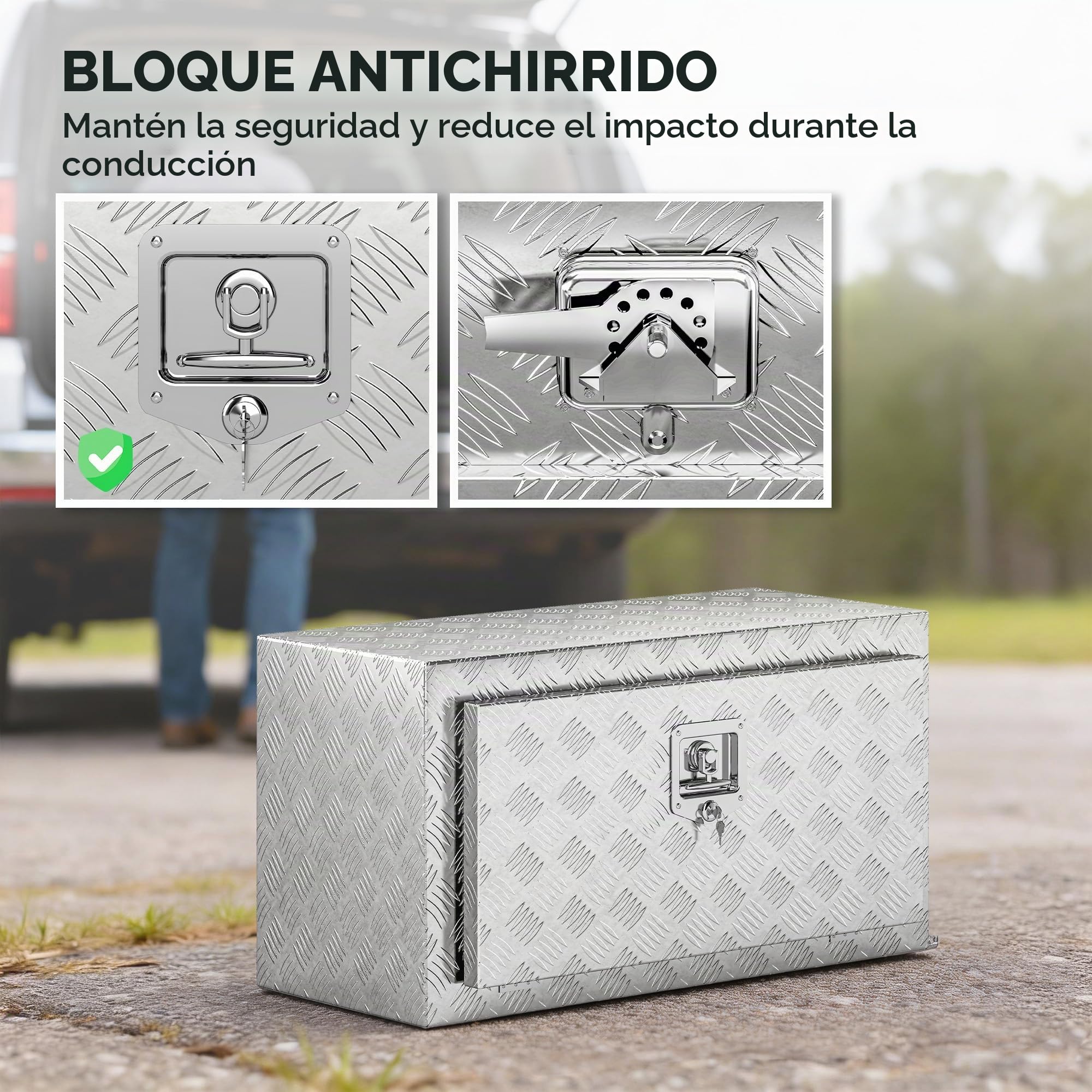HOMCOM Caja de herramientas de aluminio con cerradura y 2 llaves, caja portaútiles de 96 litros, resistente e impermeable, caja portaobjetos para camionetas, caravanas y remolques, 76,2 x 35,5 x 40,6