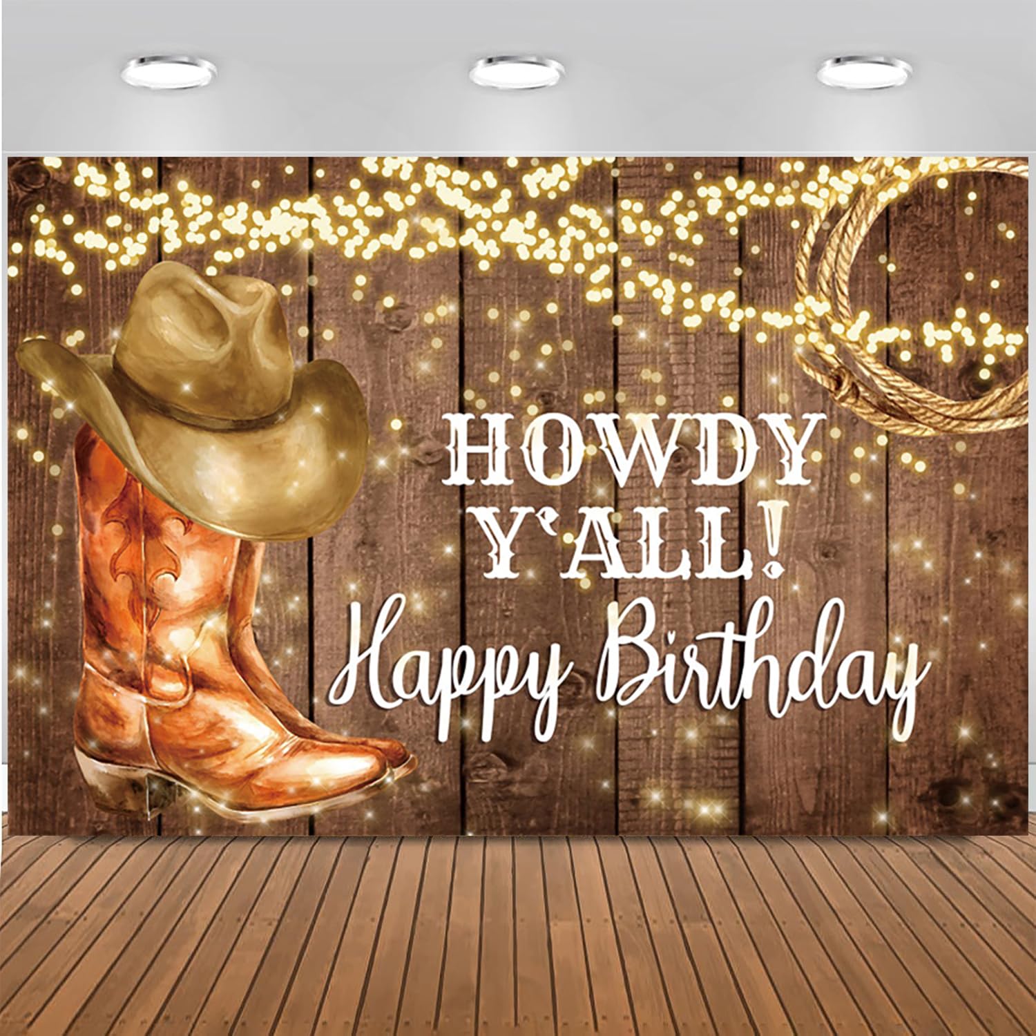 3.6x3m Sfondo Western Cowboy Happy Birthday Rustic West Rodeo Boots Pavimento in legno Fotografia di campagna Sfondo tema occidentale Decorazioni per feste di compleanno per bambini