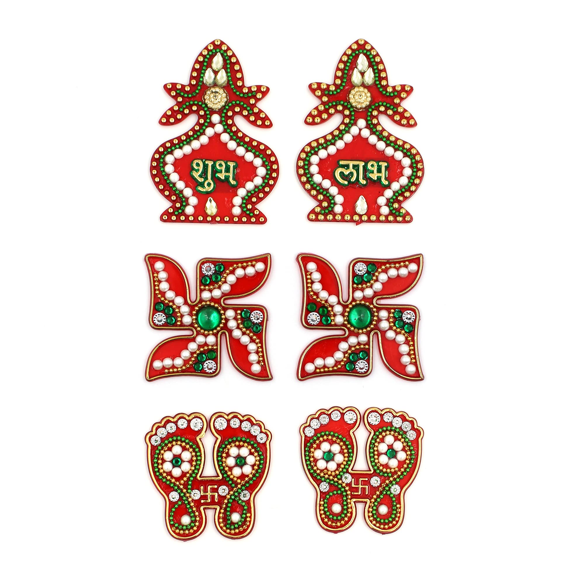 Macsen Acrylic Designer Shubh Labh Sticker, Swastika and Laxmi charan paduka for Door and Wall Decoration, Diwali Decor Set - 6 Piece (Set of 3) (Green)