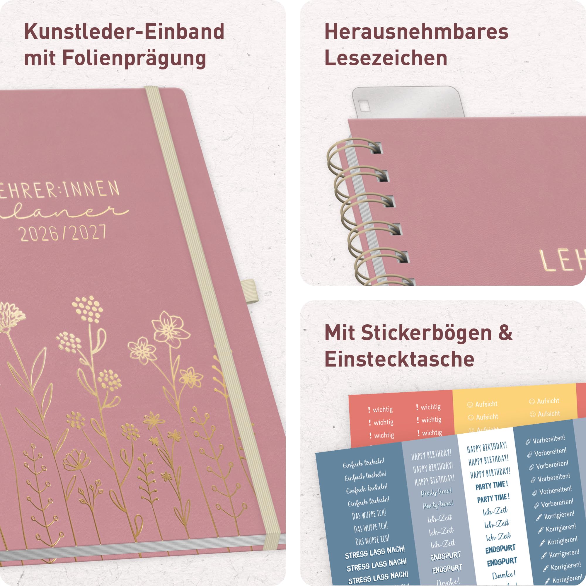 Häfft® Lehrerplaner 2026/2027 A4+ Deluxe - Großer Lehrerkalender & Schulplaner 26/27 mit Kunstleder-Einband & Spiralbindung "Fine Flowers" für Grundschule, weiterführende Schulen & Referendariat