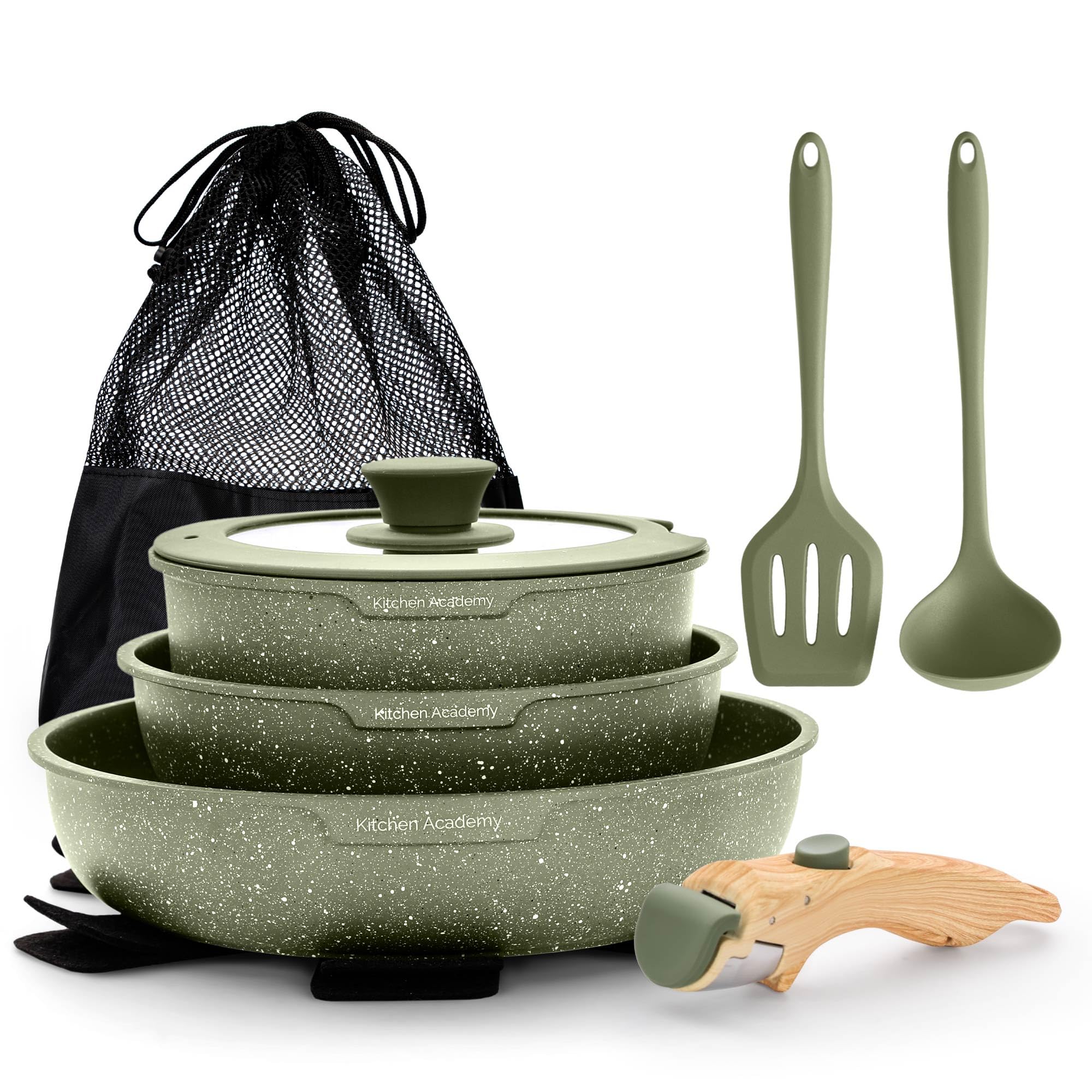 DishDelight Juego de Ollas y Sartenes con Mangos Desmontable 10pcs Aluminio Antiadherente Sartene Wok Cacerola con Tapas para Todas las Cocinas Inducción