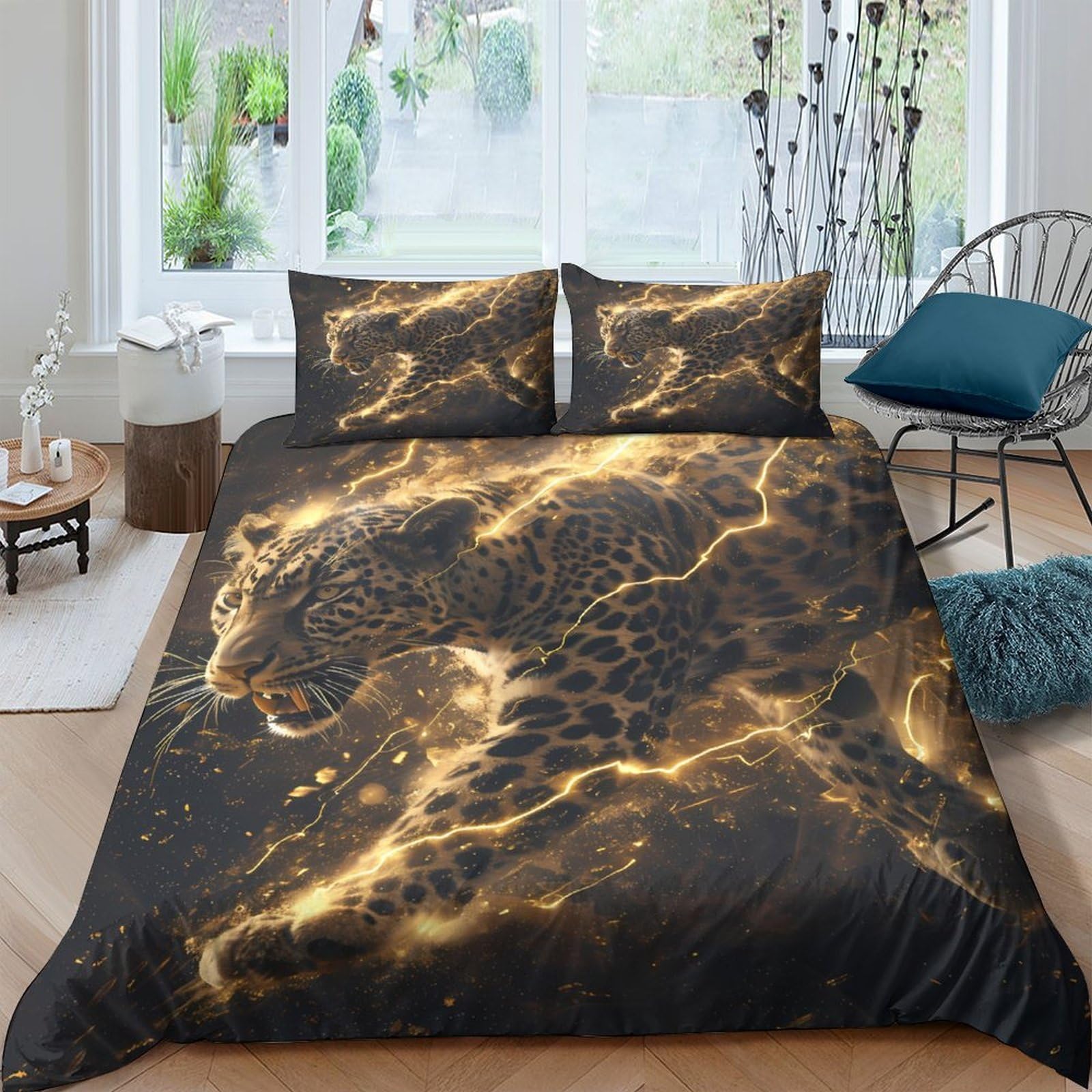 Ctjqhvkz Style-1 3D Printed Golden Lightning Fitted Sheet Microfiber Soft Anti-Slip Leopard Spot Mattress Cover For Bedroom Decor Single（135X200cm）
