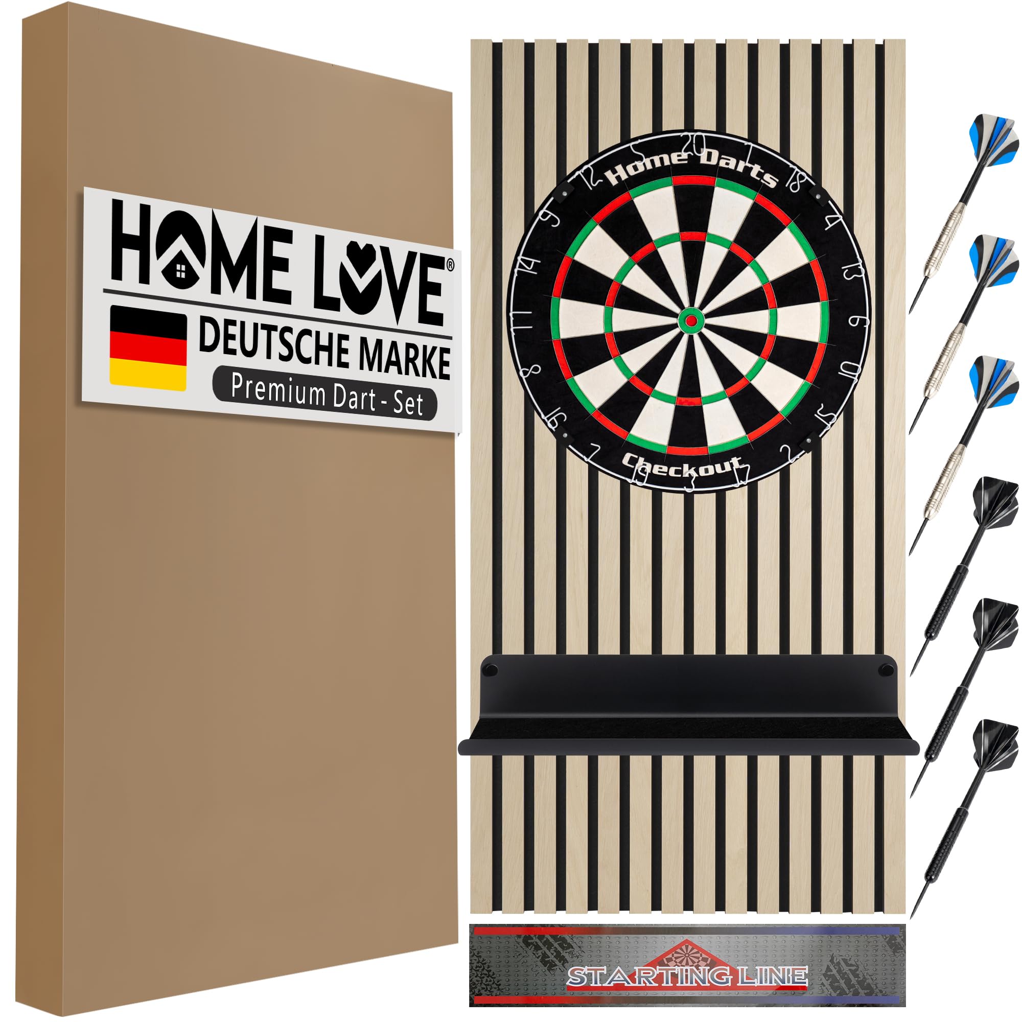 HOME LOVE® Dartscheibe Steeldart mit Dart Wandschutz & Ablage – Premium Sisal Dartboard Set mit 6 Steel-Darts & schalldämmender Rückwand – Steeldartscheibe Geschenk für Dart-Fans