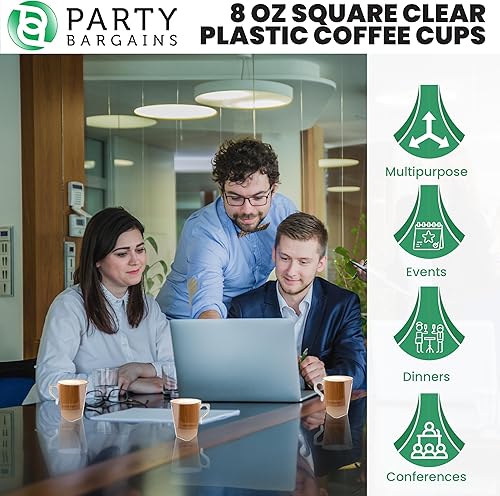 Miniatura 5 de PARTY BARGAINS Tazas de café de plástico, 8.5 onzas, 32 unidades, transparentes, cuadradas con asas, reutilizables, tazas de té similares a China,