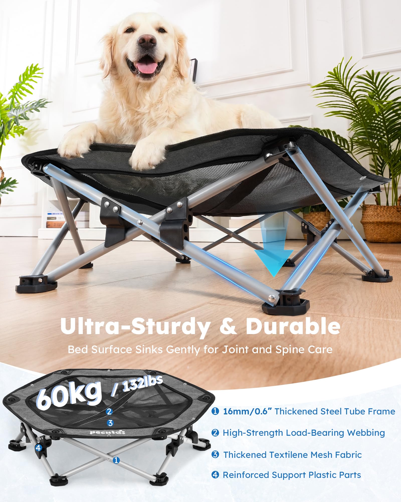 Pecute Cama Elevada para Perros Grande con Manta Refrescante, Sin Montaje, Apto para Gatos y Perros, Plegable para Interior y Camping, Tamaño XL, Soporta hasta 60kg, Gris