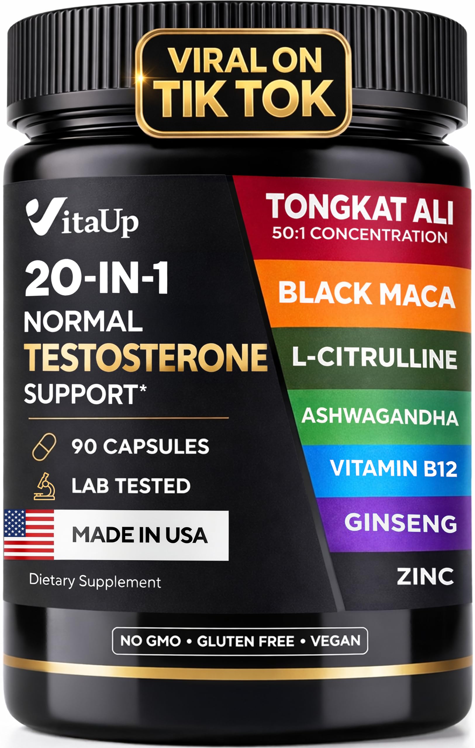 VitaUp Normal Testosterone Supplement for Men - USA Made Normal Testosterone Support with Tongkat Ali, Black Maca Root, Zinc, Vitamin B12, Ashwagandha