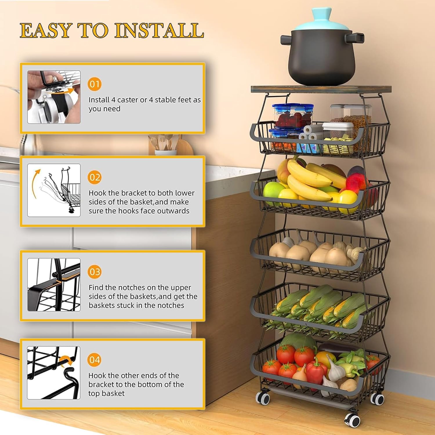 BEEY Metal Storage Baskets with Wheels, Metal Wire Market Basket Storage Organizer Cart Rolling Stackable Storage Bins for Kitchen,Pantry,Bedroom (Black W/Tabletop, 6 Tier)