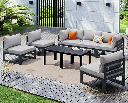 Miniatura 685 de NICESOUL 7 Piece White Powder-Coated Aluminum Patio Furniture with Fire Pit Table, 29 Inch Extra Wide Outdoor Sectional Sofa for 6, High-End Heavy
