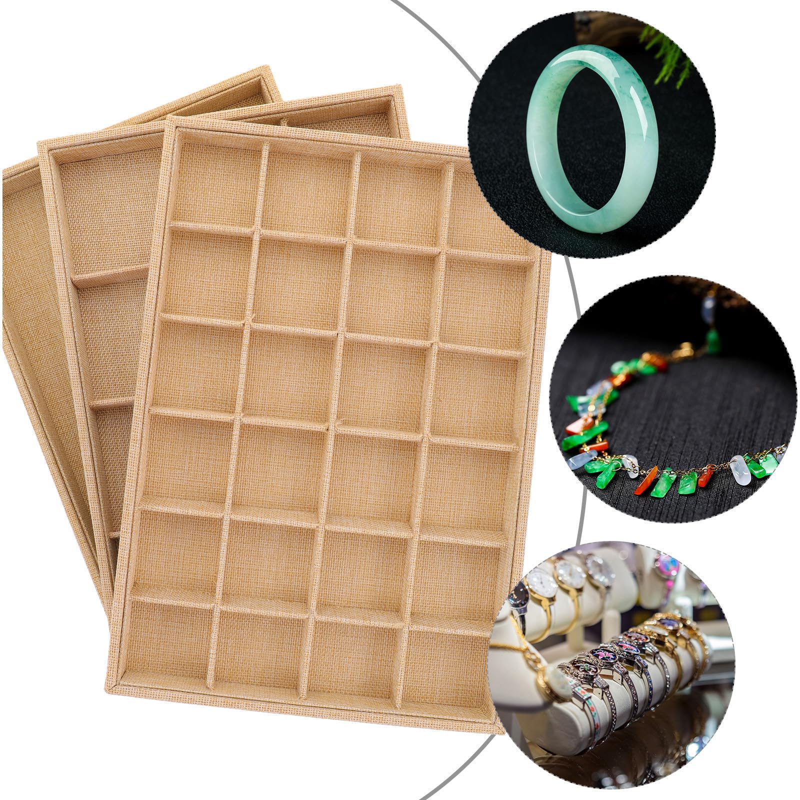 Angoily Organizador de Joyas de Sobremesa 3 Piezas de Lino Bandejas Apilables 12 y 24 Compartimentos para Anillos Pendientes y Collares Caja Decorativa para Accesorios Bijouterie en