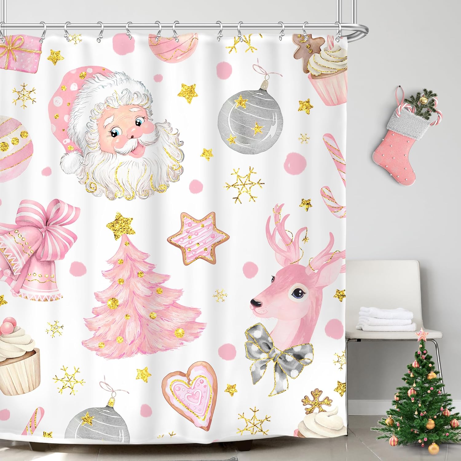Glawry Merry Christmas Shower Curtain Pink Xmas Santa Claus Tree Reindeer Snowflake Cute Winter Holiday Happy New Year Bathroom Girl 60Wx72L Inches Bath Accessories Art Home Decor Fabric 12 Pack Hooks