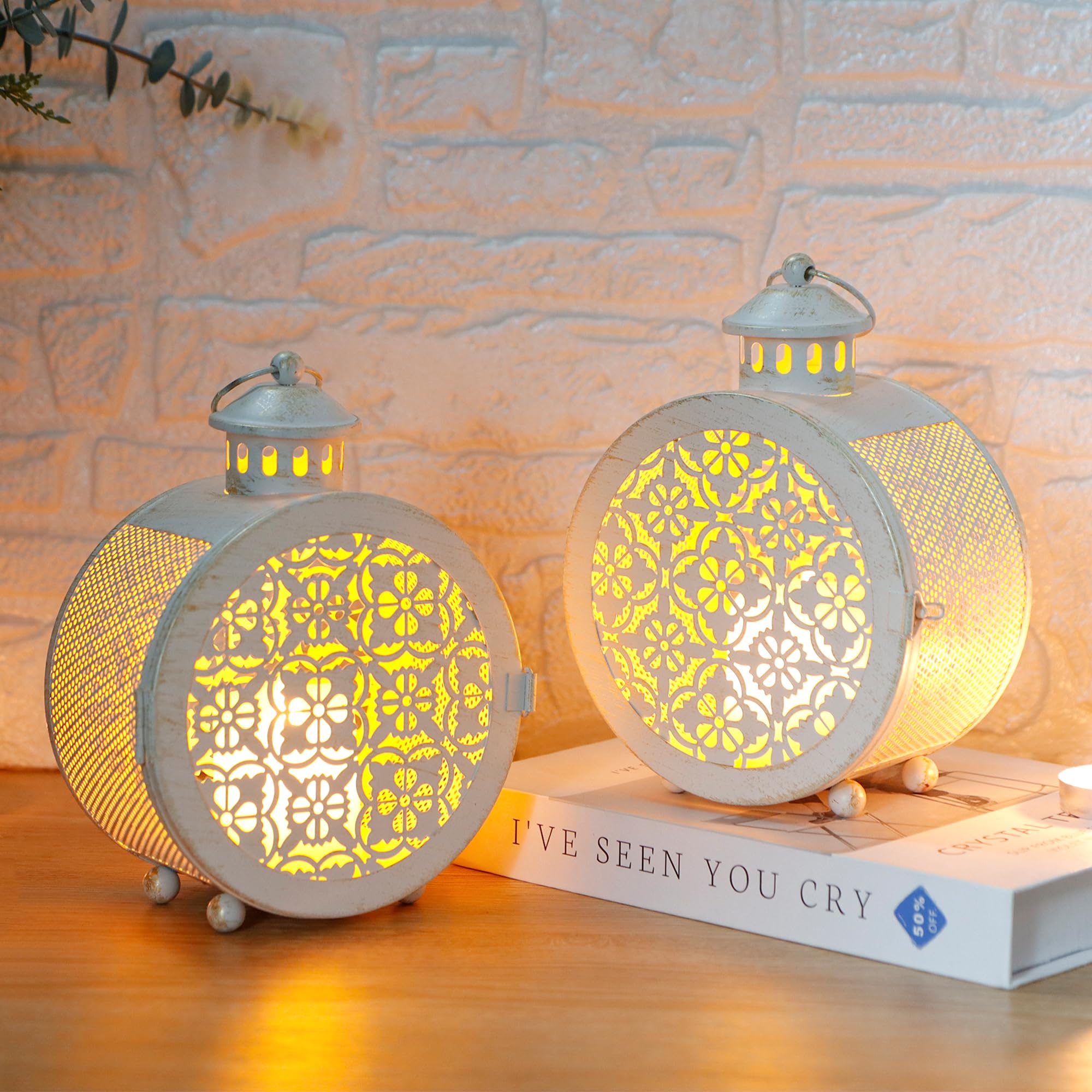 Trirocks White Set Of 2 Round Vintage Metal Candle Lanterns 19Cm H Decorative Hanging Candle Holders For Indoor Outdoor Parities Weddings Patio And Garden(, Hollow Retro Pattern)