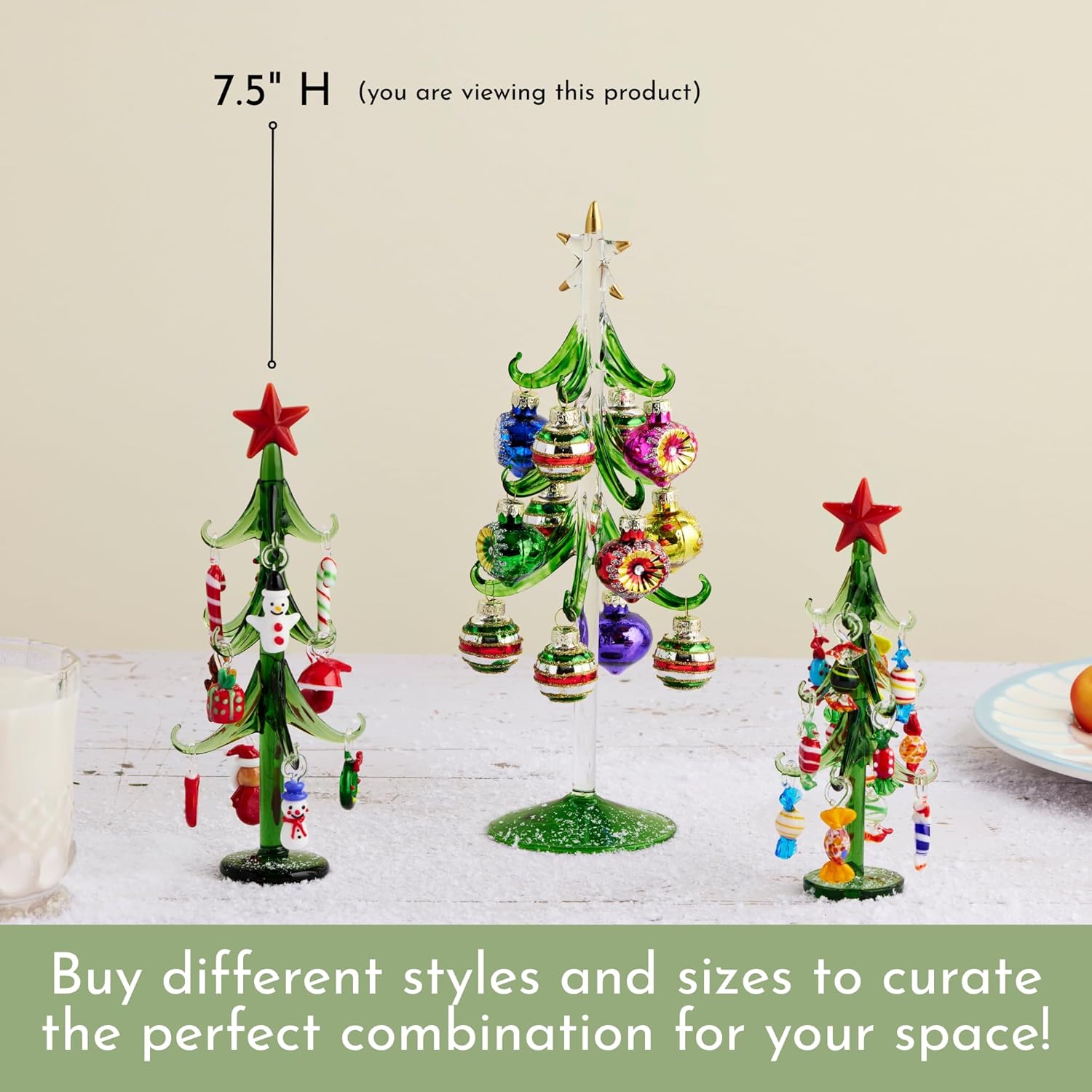 Red Carpet Studios Miniature Glass Christmas Tree with 12 Festive Ornaments, 10" Tall