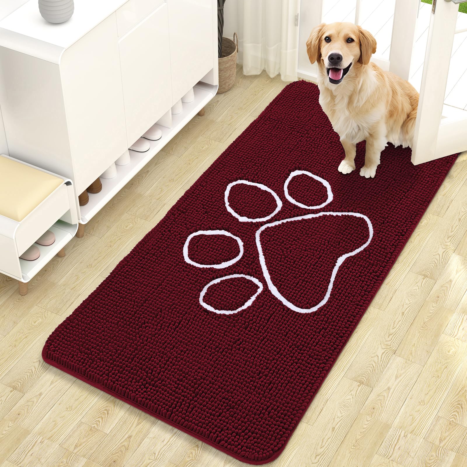 OLANLY Dog Door Mat for Muddy Paws 47x24, Paw Print Design Chenille Mud Mat