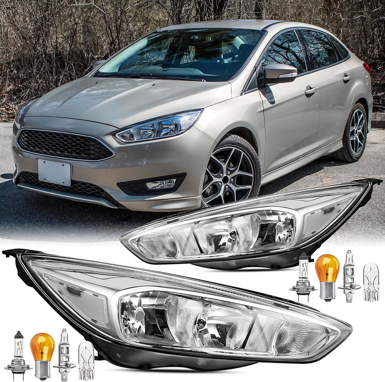 2pcs Headlights Assembly With Bulbs For 2015 2016 2017 2018 Ford Focus Base S SE ST SEL Titanium Sedan Hatchback Replacement Halogen Headlamps With Aluminum Bezel Chrome Housing Clear Reflector
