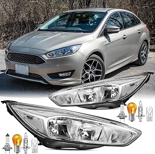 2pcs Headlights Assembly With Bulbs For 2015 2016 2017 2018 Ford Focus Base S SE ST SEL Titanium Sedan Hatchback Replacement Halogen Headlamps With Aluminum Bezel Chrome Housing Clear Reflector