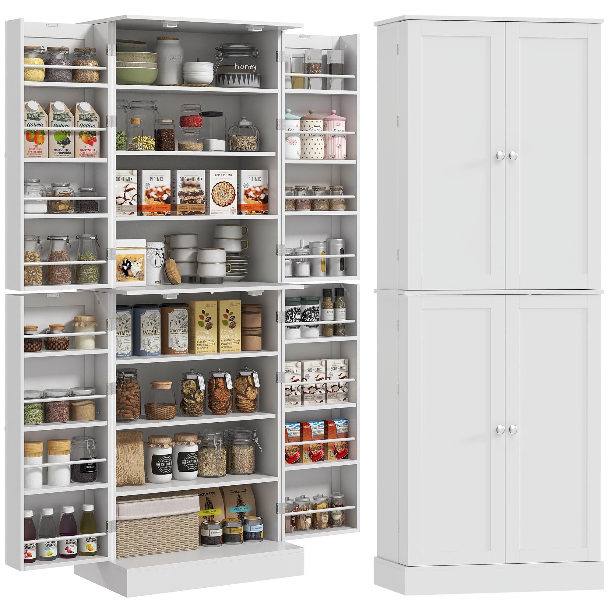 HOMCOM Küchenschrank, Sideboard, Küche, Geschirr, Aufbewahrungsschrank, moderner Stil, mit Schränken, verstellbarem Regal und Gewürzhalter, für Esszimmer, Wohnzimmer, 60 x 35 x 166 cm, Weiß