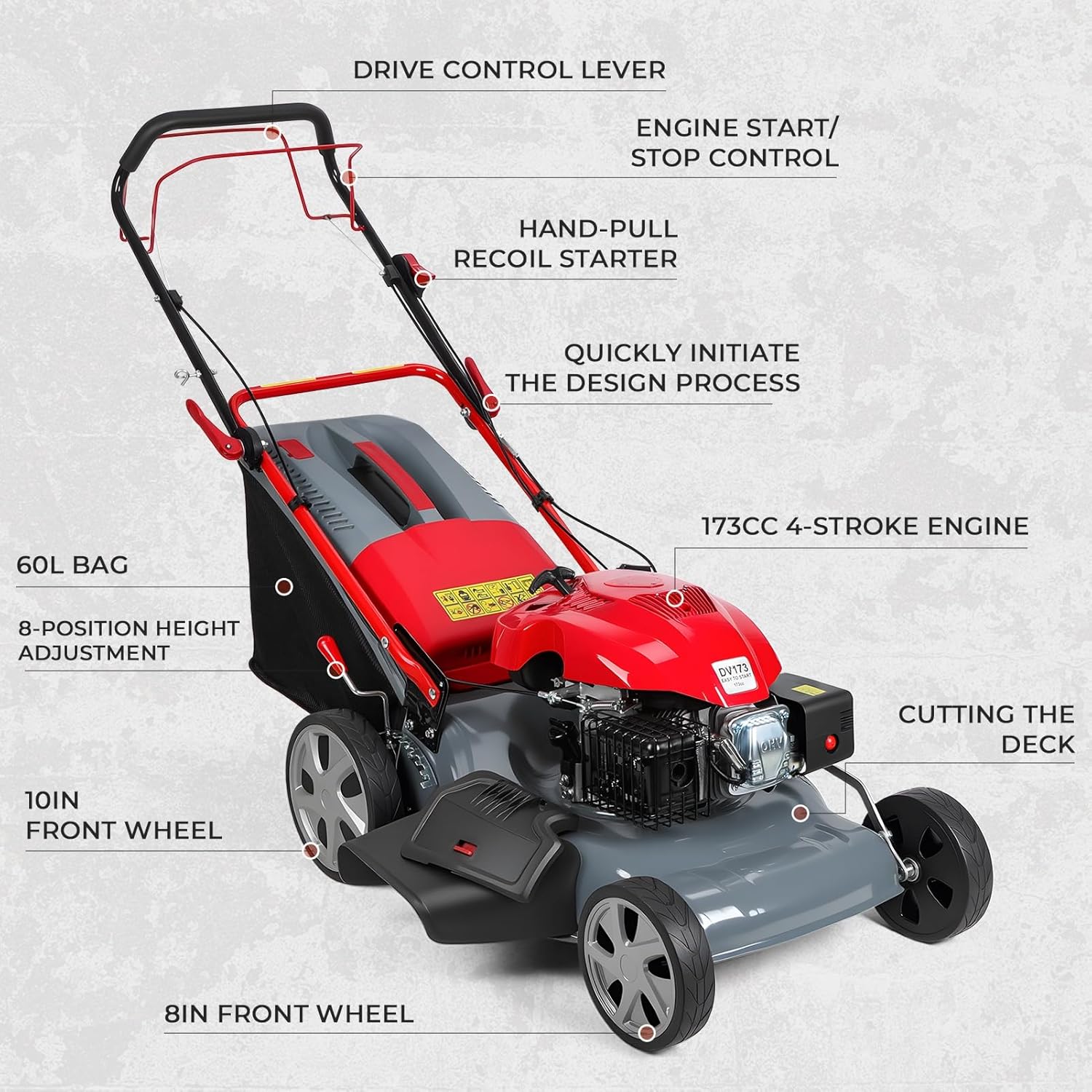 173cc Gas Lawn Mower, Self-Propelled Rear-Wheel Drive, 20 Inch Cutting Width, 60L Grass Bag, Adjustable Cutting Height 25-75mm, Heavy-Duty Blade for Thick Grass & Slopes, Ergonomic Handle Red