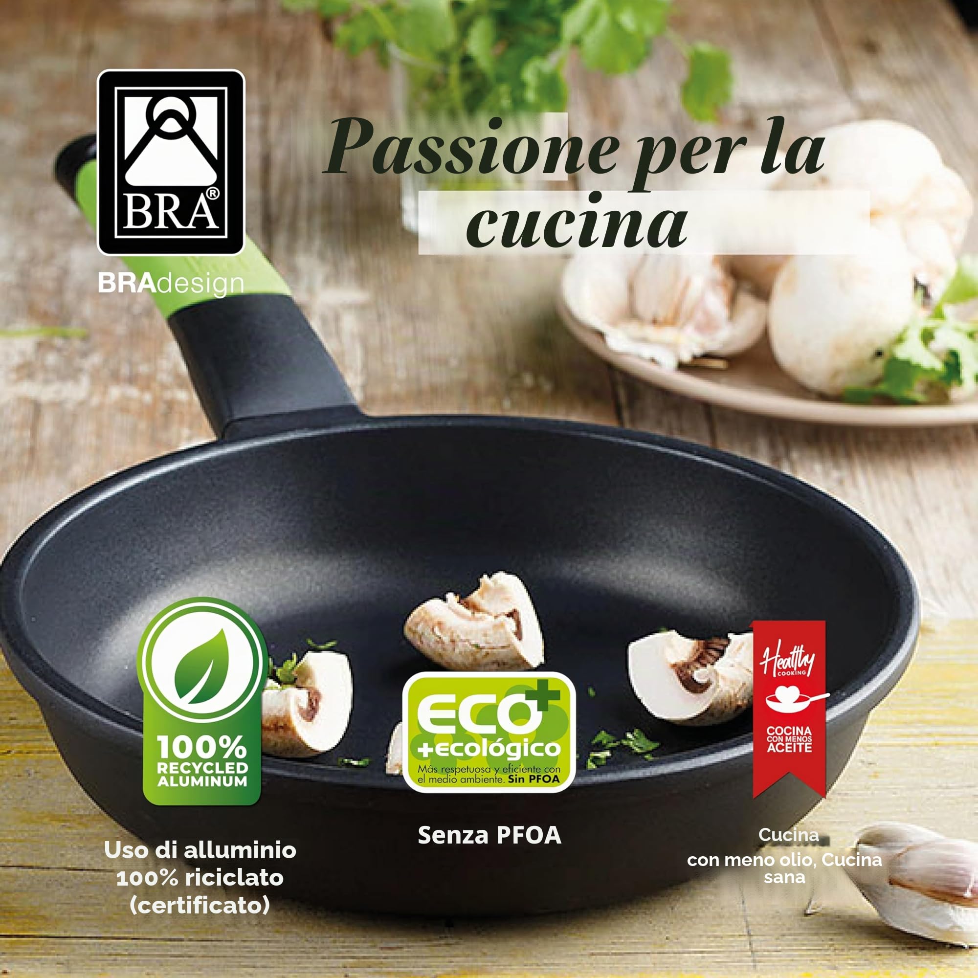 BRA Prior | Set di 3 padelle antiaderenti in alluminio fuso, 18-22-26 cm, con 2 sottopentola Safe verdi, adatte a tutti i piani cottura, induzione inclusa