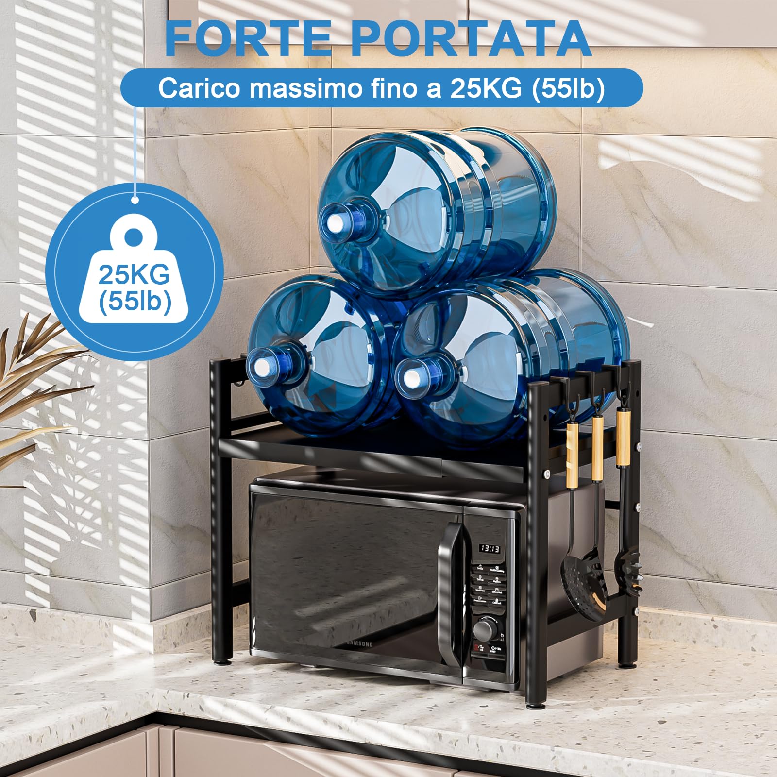 Mensola Microonde Scaffale da Cucina, Ripiani per Microonde con 6 Ganci, Estensibile Porta Microonde,Supporto Microonde