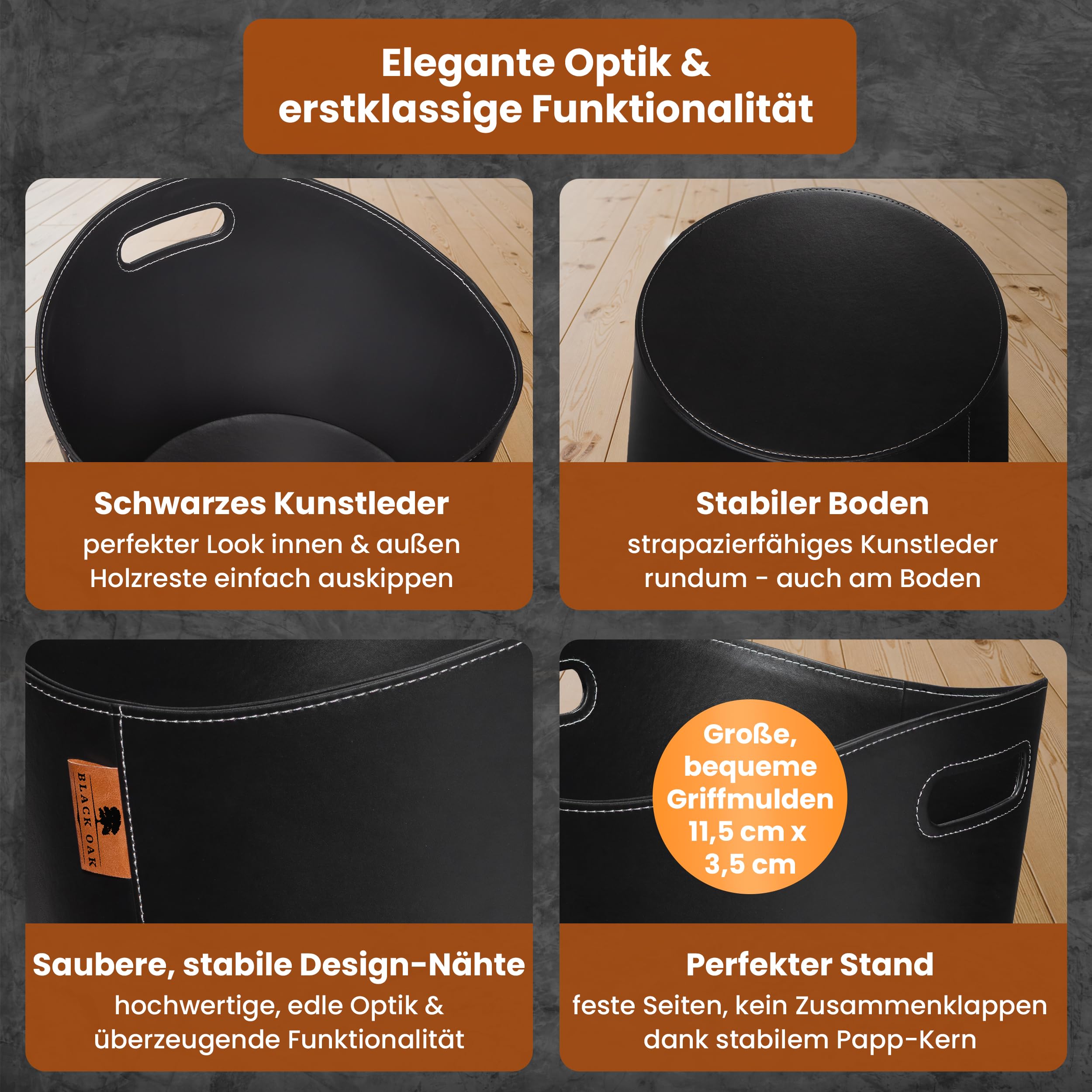 BLACK OAK DAKOTA L 40L Holzkorb für Kaminholz - Kunstleder schwarz 30kg Traglast - 40 Liter 40x38x32cm - Kaminholzkorb Holzkorb Brennholzkorb Tasche Korb für Holz Transport & Aufbewahrung schwarz