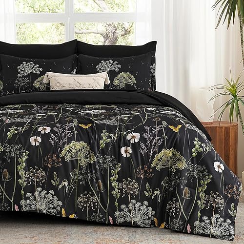 Yiran Juego de edredón floral tamaño completo, juego de ropa de cama botánica de planta de diente de león negro, 7 piezas de cama de verano en una