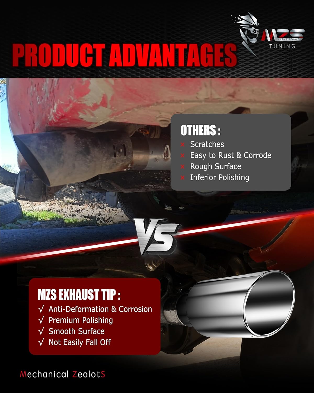 MZS Exhaust Tip, Stainless Steel 5" Inlet 8" Outlet 15" Length Exhaust Tailpipe Universal Slant Angle Cut