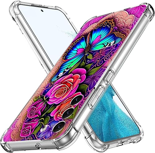 Miniatura 2 de Beaucov Funda para Galaxy S24, diseño de mariposas azules, rosas, protección contra caídas, a prueba de golpes, carcasa protectora de cuerpo