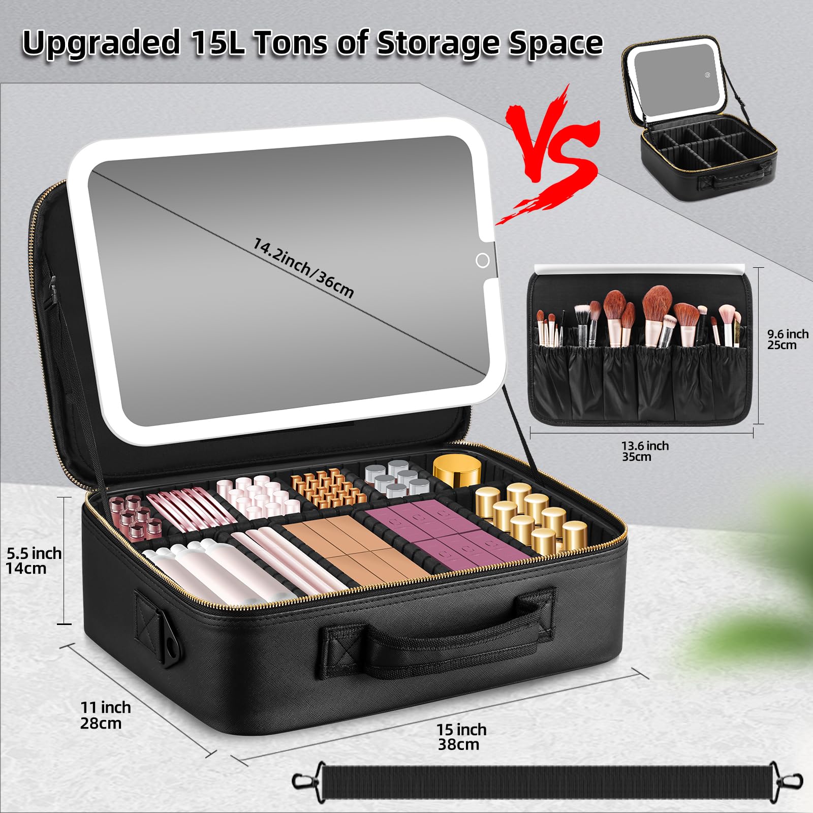 Trousse de Maquillage avec Miroir LED Amovible, Grand 38X28cm Professionnel Sac de cosmétiques de Voyagea de Lumineux, boîtier de Maquillage avec Miroir éclairé, 3 Modes d'éclairage,Cuir PU