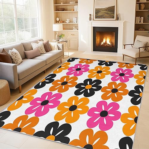 5x7 Retro Flower Rugs for Bedroom Decor, Washable 70s 80s Floral Pattern Area Rug, Living Room Home Decoration, Non Slip Soft Thin, Mid Century