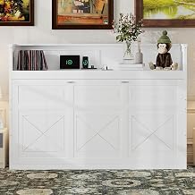 MERITLINE Twin XL Horizontal Murphy Bed with Storage Shelf,LED and Charging Station,Solid Wood Folding Hideaway Farmhouse Murphy Wall Bed Cabinet with Storage for Adults White,Twin XL