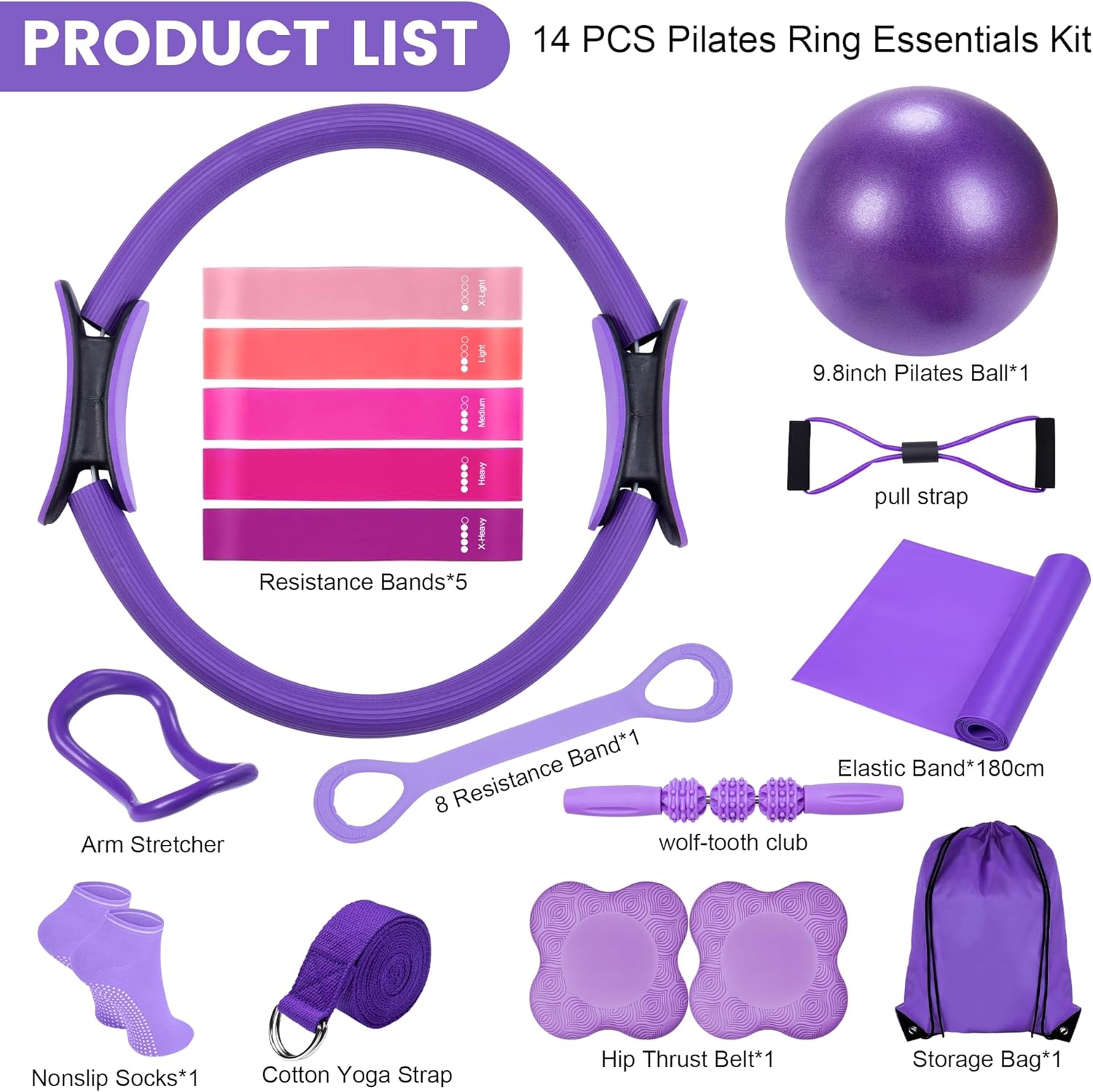 Pilates Ring Circle Fitness Set 17 pcs Equipment Accessories Workouts Includes Pilates Ball Magic Circle Yoga Ring Knee Pads and Resistance Bands for Women Set Gift for Women Weight Loss - Image 2