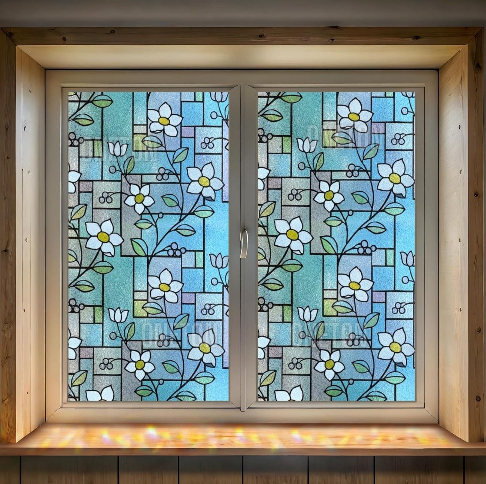 ONETON Frosted Glass Window Film Self Adheisve Decoartive Window Privacy Sheet Film UV Control Static Cling Removable Vinyl Frosted Privacy Film 12x48 Inch Blue Flower