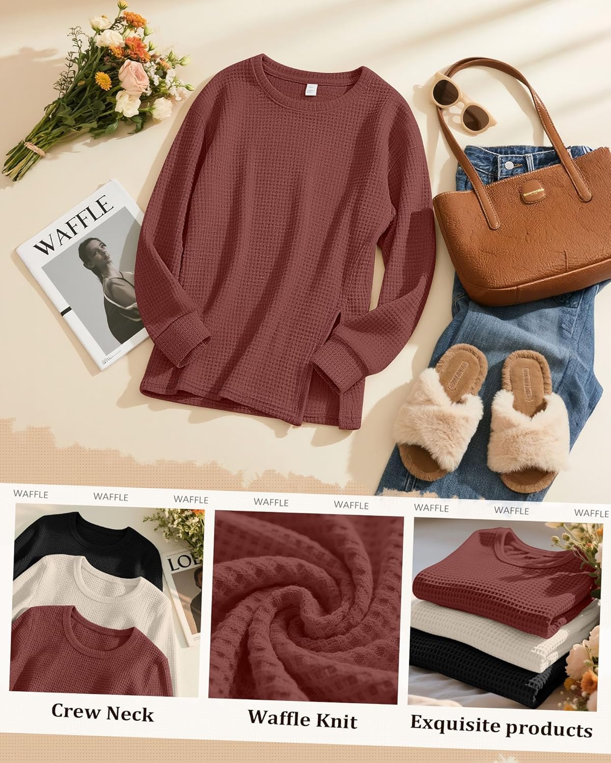 3 Pack Women's Maternity Shirts Long Sleeve Waffle Knit Side Split Oversized Tops Pregnancy Clothes Fall Tees - Image 4