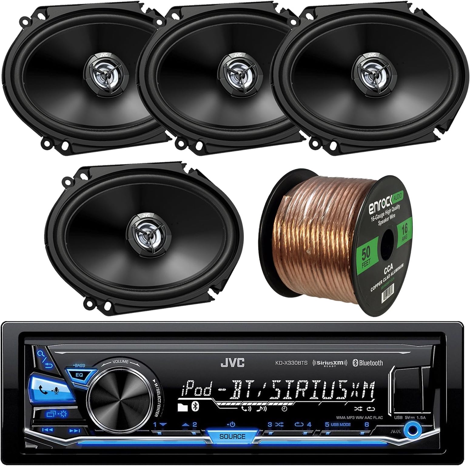 JVC KD-X330BTS AM/FM USB AUX Car Stereo Receiver Bundle Combo with 4X (2 Pairs) CS-DR6820 300-Watt 6x8 Inch Vehicle Coaxial Speakers + Enrock 50 Feet 16-Gauge Wire