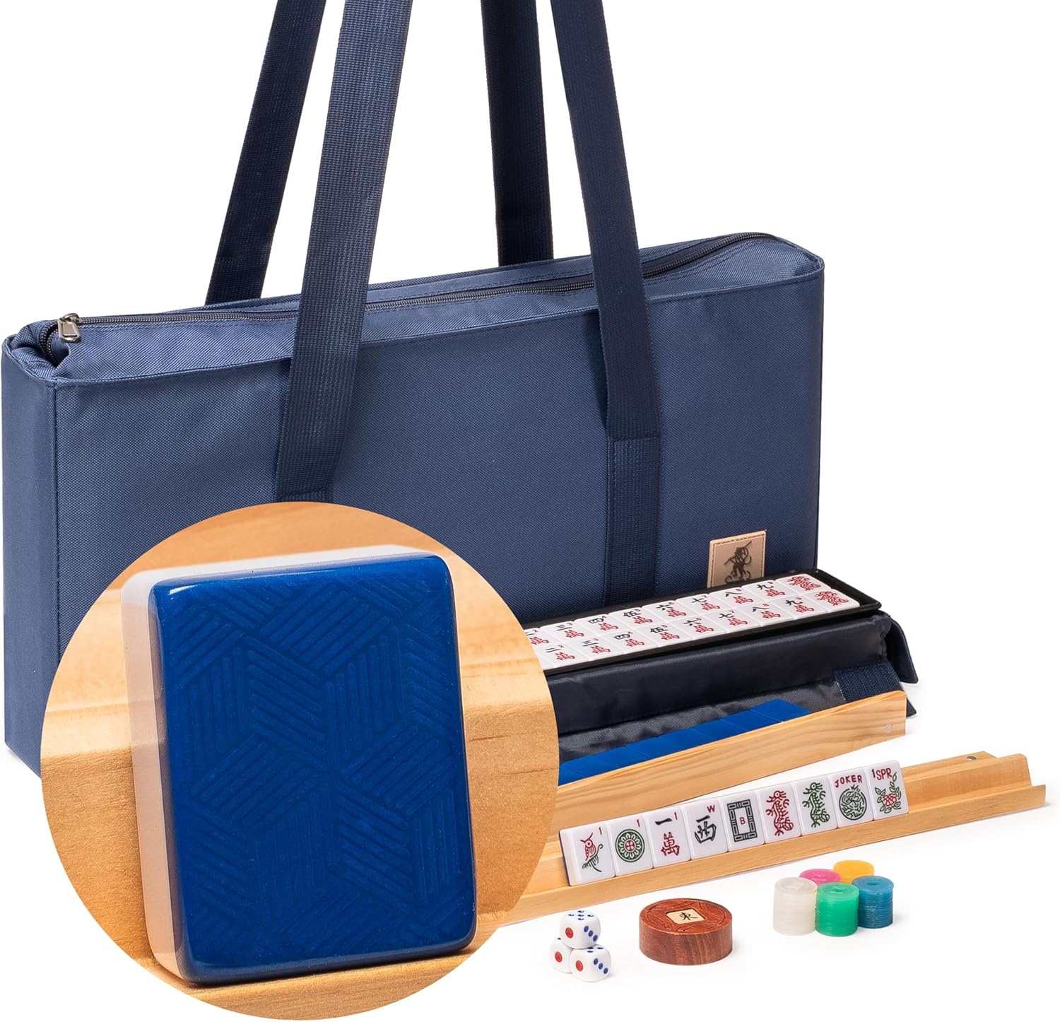 Yellow Mountain Imports American Mahjong Set, Indigo Tides - Blue Soft Case, 4 All-in-One Racks with Pushers, Wright Patterson Scoring Coins, Dice, & Wind Indicator