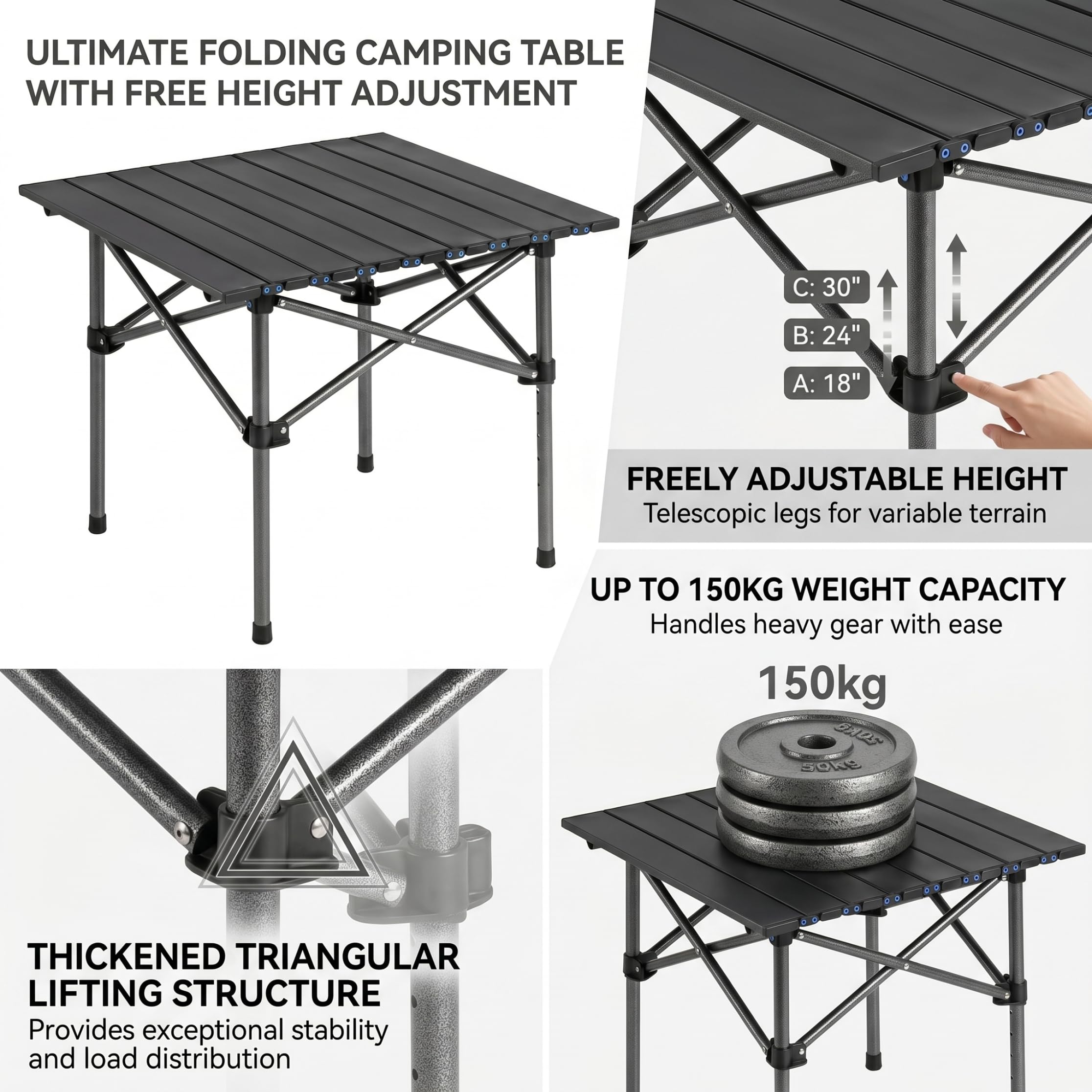 Mesa de Camping Enrollable Negra de 19, 69 x 19, 69 Pulgadas con Marco de Acero al Carbono, Mesa Auxiliar Plegable compacta portátil para Picnic al Aire Libre, Playa, RV, mochilero