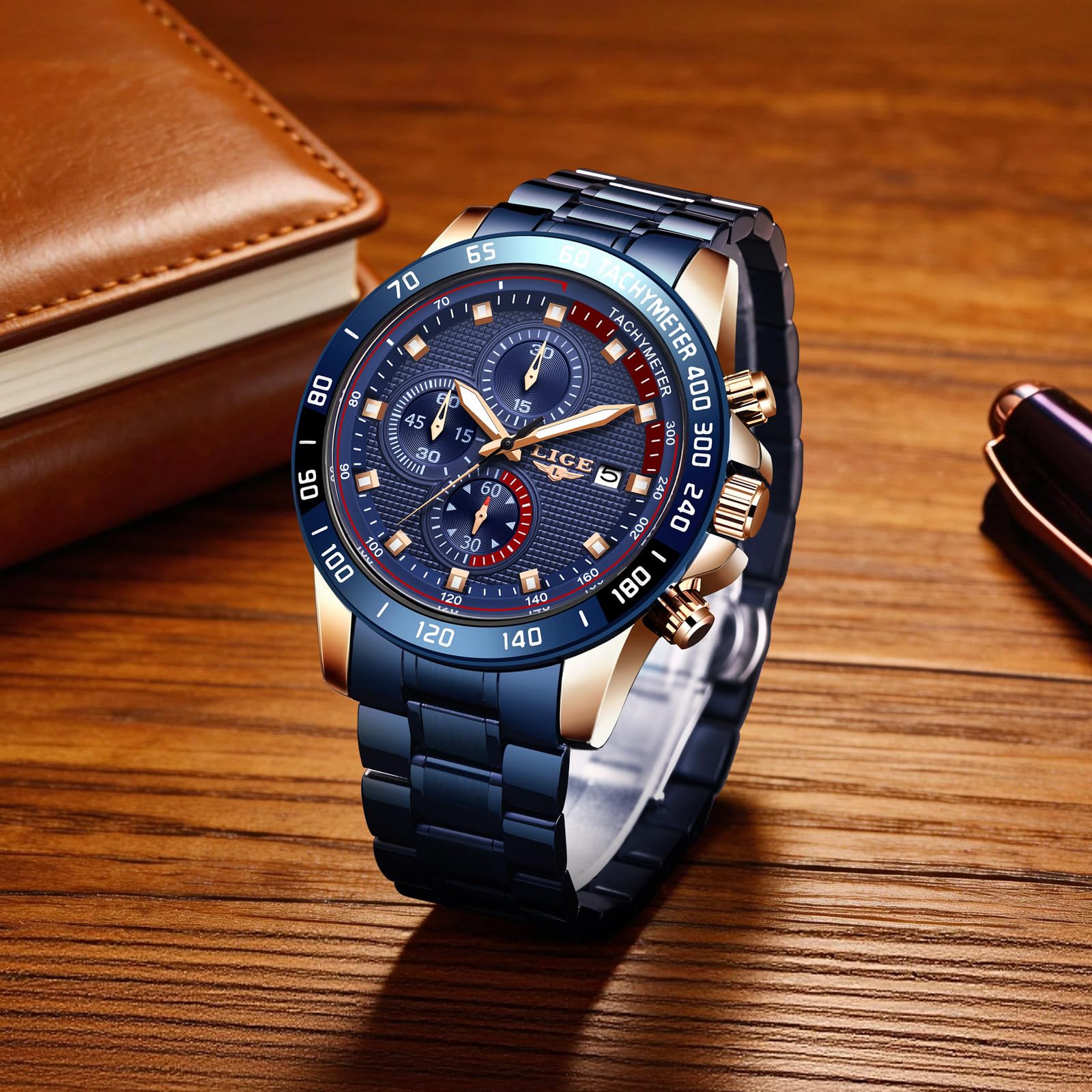 LIGE Montre Homme Chronographe Sport Étanche Acier Inoxydable d'affaires Mouvement Analogique à Quartz Montres Bracelet pour Homme