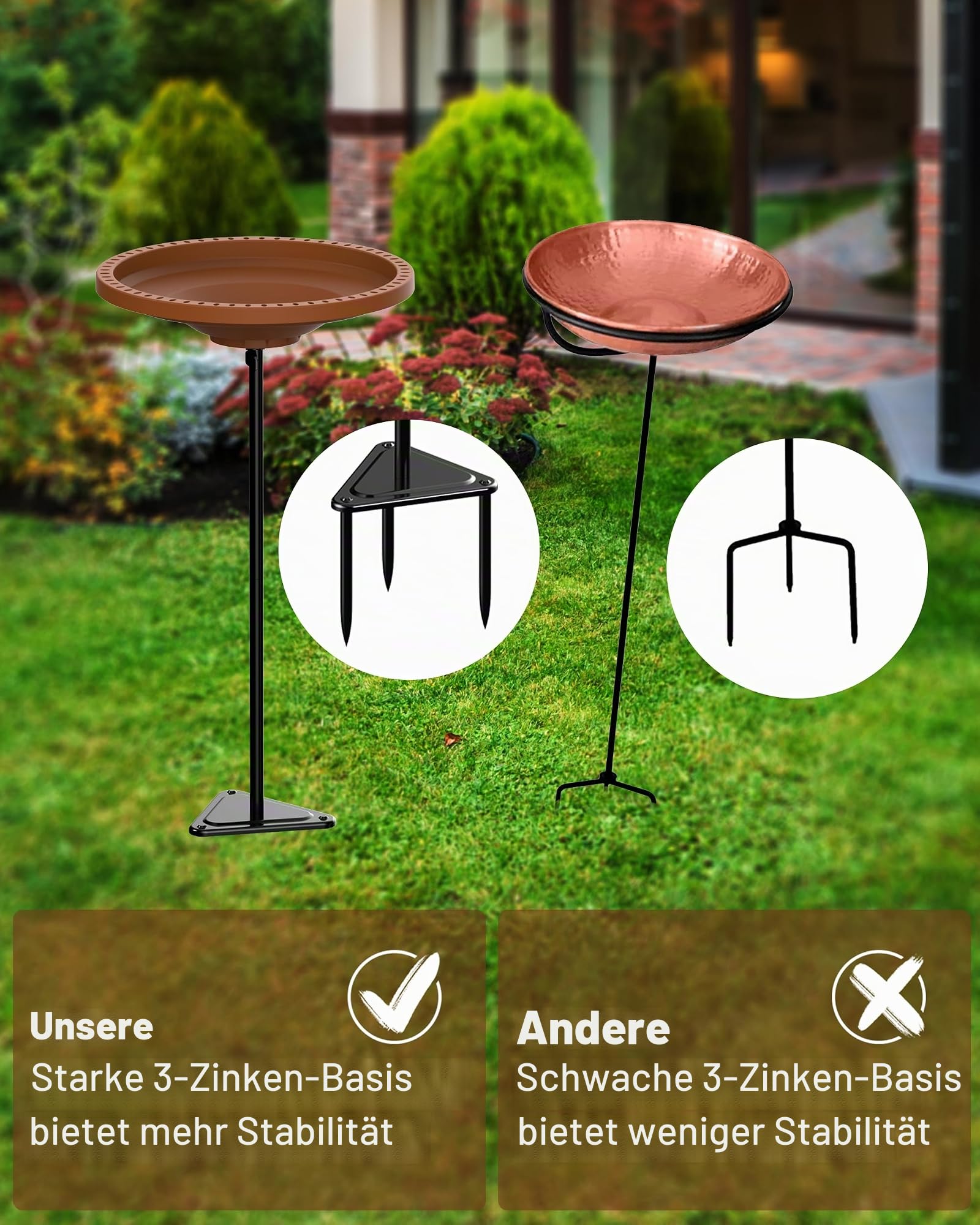 Vogeltränke für den Außenbereich, strapazierfähig, abnehmbare Vogeltränke für den Garten, Vogeltränke, Spa und Vogelfutterstation mit Metallpfahl, Garten, Kreis-Stil (braun)