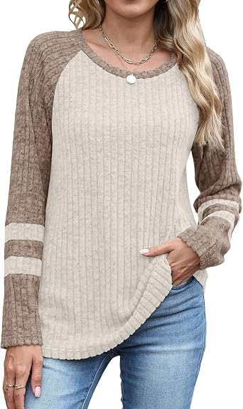 JomeDesign Womens Sweaters Long Sleeve Sweatshirts Color Block Casual Fall Shirts 2025 Trendy S-2XL