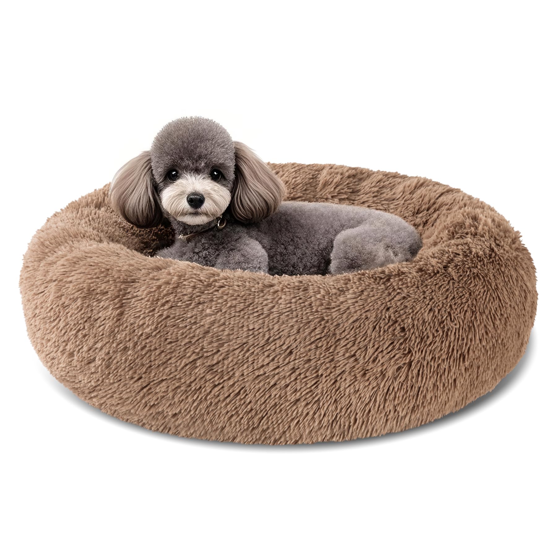 Dog Calming Beds for Small Medium Large Dogs - Round Donut Washable Puppy Dog Bed, Anti-Slip Faux Fur Fluffy Donut Cuddle Anxiety Cat Pet Bed(20'' Khaki
