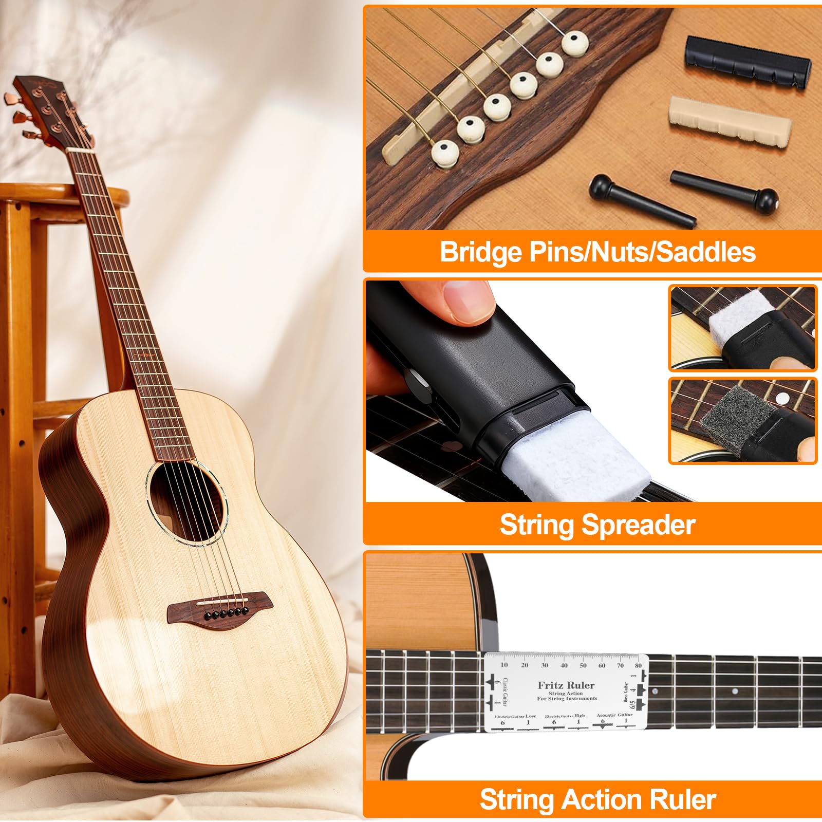 Kit de 132 outils d'entretien de guitare, kit d'outils de réparation de guitare avec sac de transport, accessoires de nettoyage pour ukulélé, basse, mandoline, banjo, cadeau parfait pour les amateurs