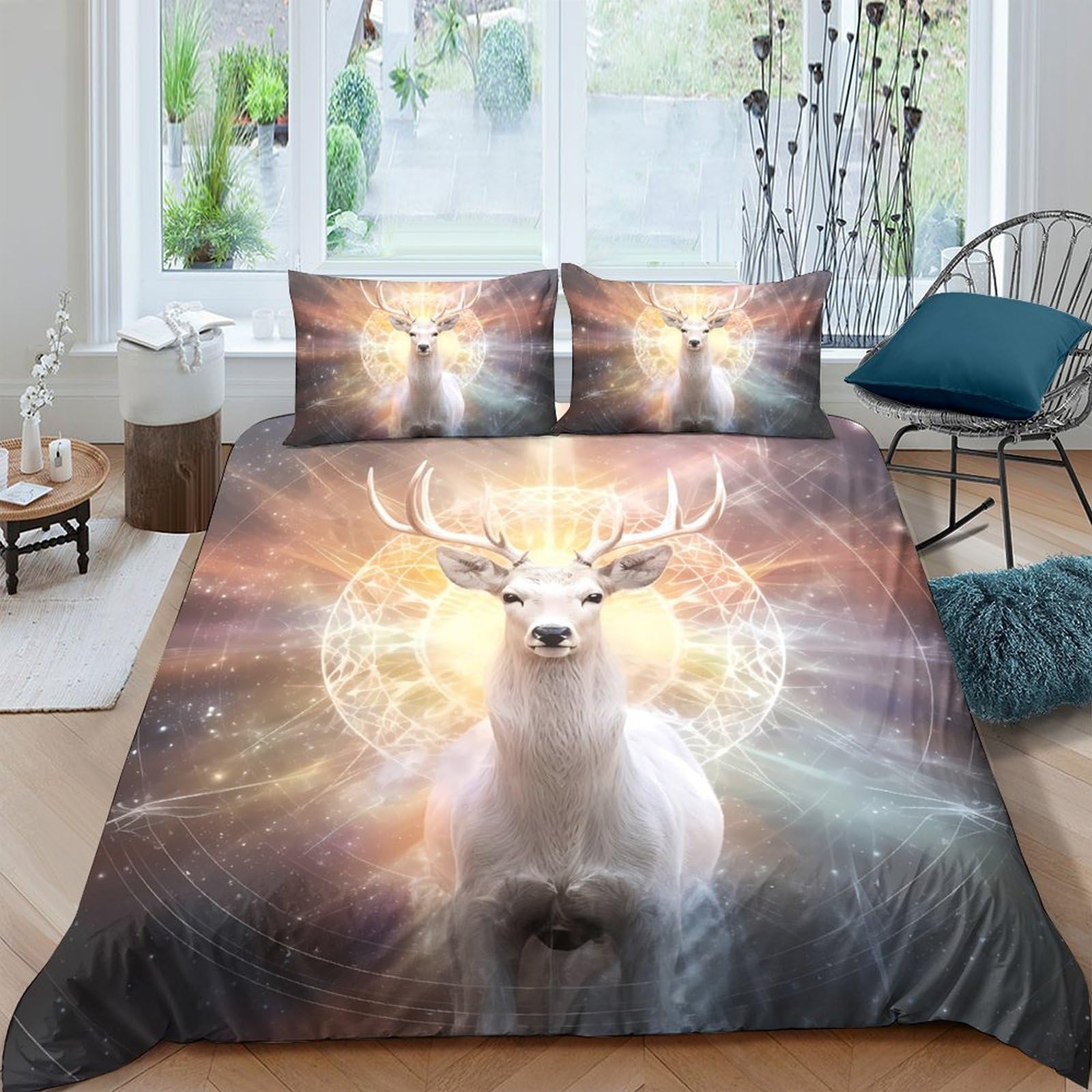 Ctjqhvkz Style-2 3D Printed Mystic Deer Fitted Sheet Microfiber Soft Abstract Forest Mattress Cover For Bedroom Dorm Bed Protection Decor Single（135X200cm）